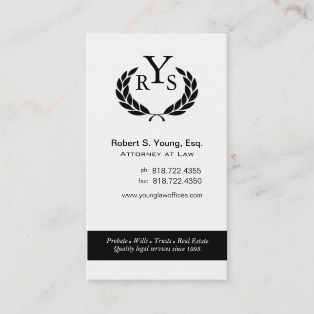 Law Offices Attorney Lawyer Laurel Wreath Monogram Business Card (Front)
