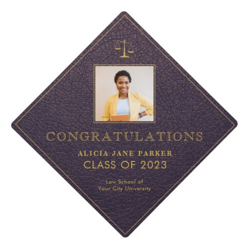 Law school 2022 graduate purple gold photo graduation cap topper