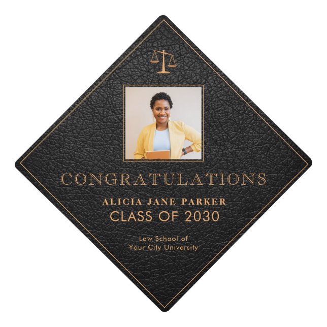 Law school 2025 graduate black gold photo graduation cap topper (Front)