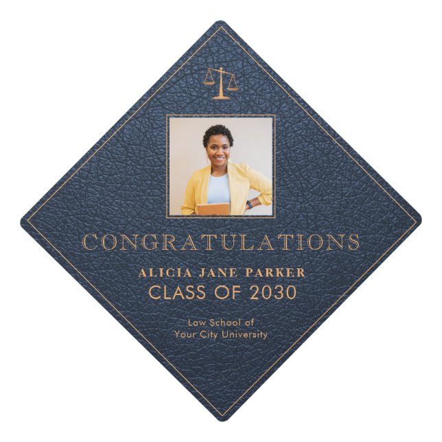 Law school 2025 graduate navy gold photo graduation cap topper (Front)