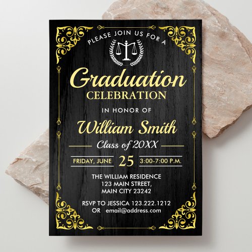 Law School Elegant Golden Graduation With Photo Invitation