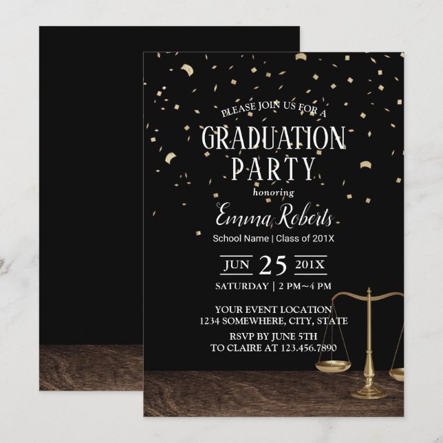 Law School Future Lawyer Gold Confetti Graduation Invitation (Front/Back)