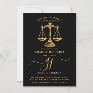 Law School Gold Script Photo Black Graduation  Invitation