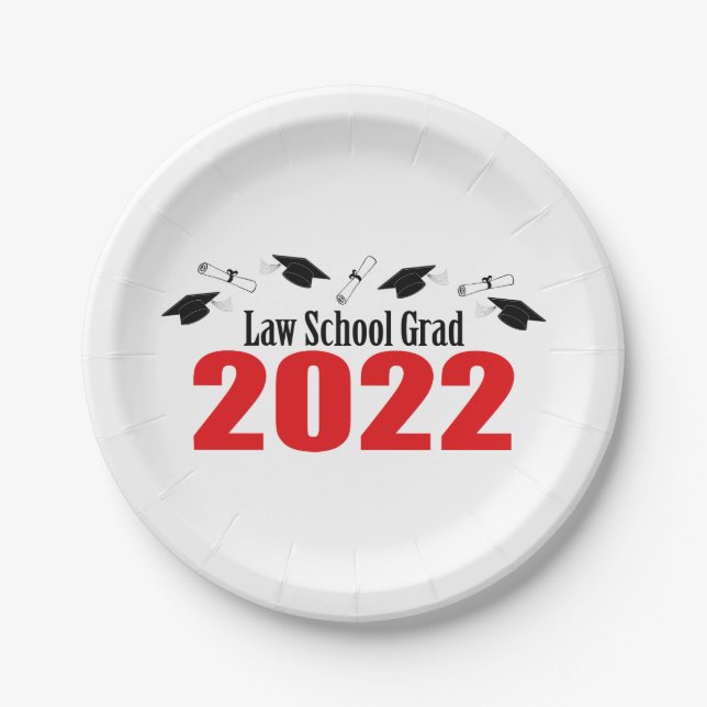 Law School Grad 2022 Caps & Diplomas (Red) Paper Plates (Front)