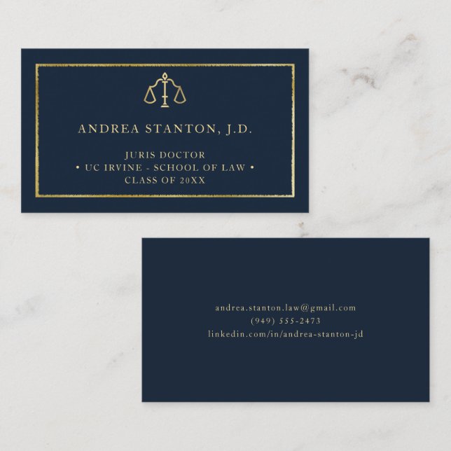 Law School Grad Student Lawyer Gold Navy Elegant Business Card (Front/Back)