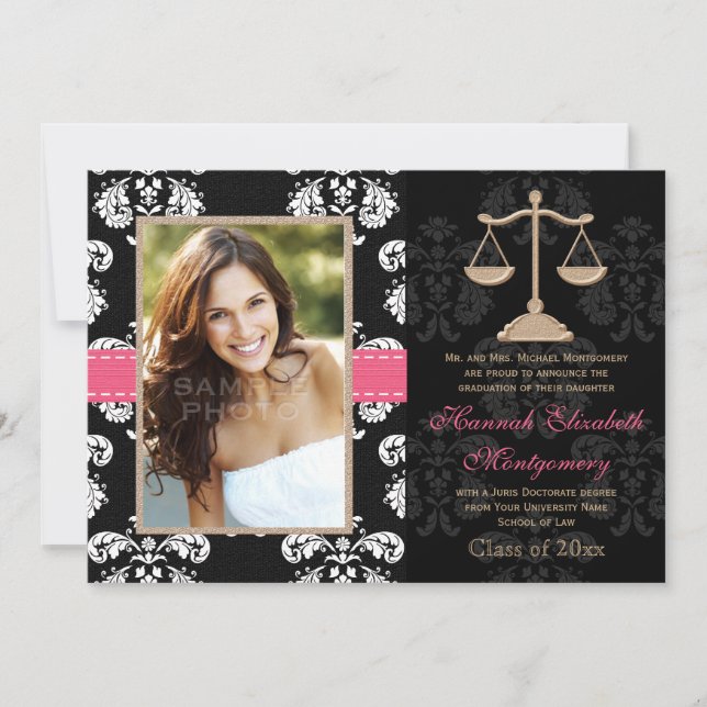 Law School Graduation Announcement Invitation Pink (Front)