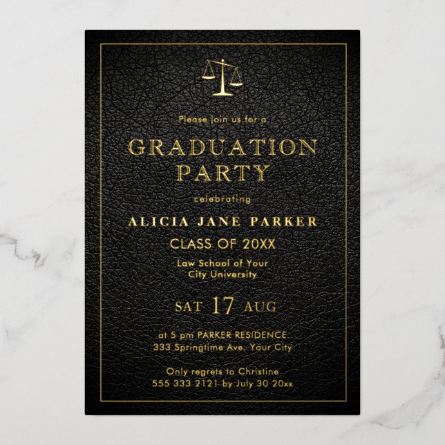 Law school graduation black gold elegant photo foil invitation (Front)