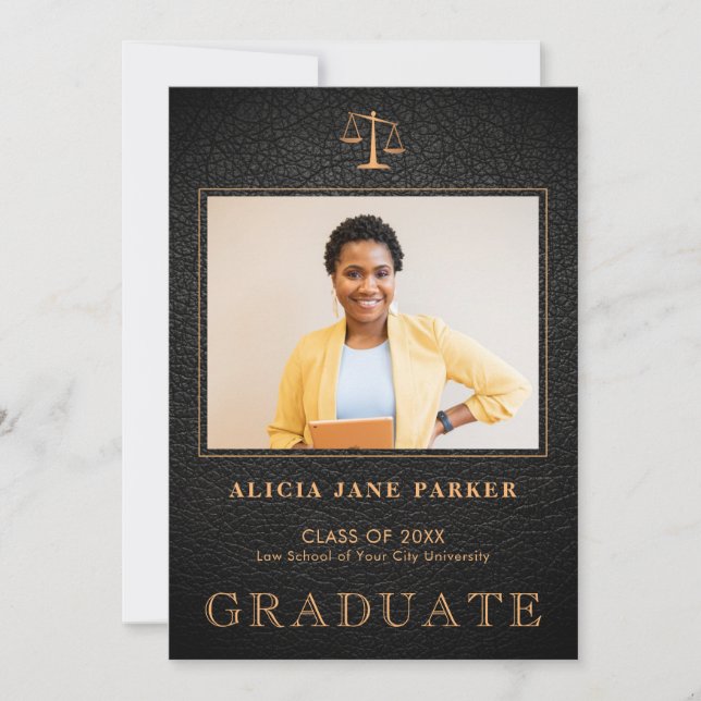 Law school graduation black gold photo announcement (Front)
