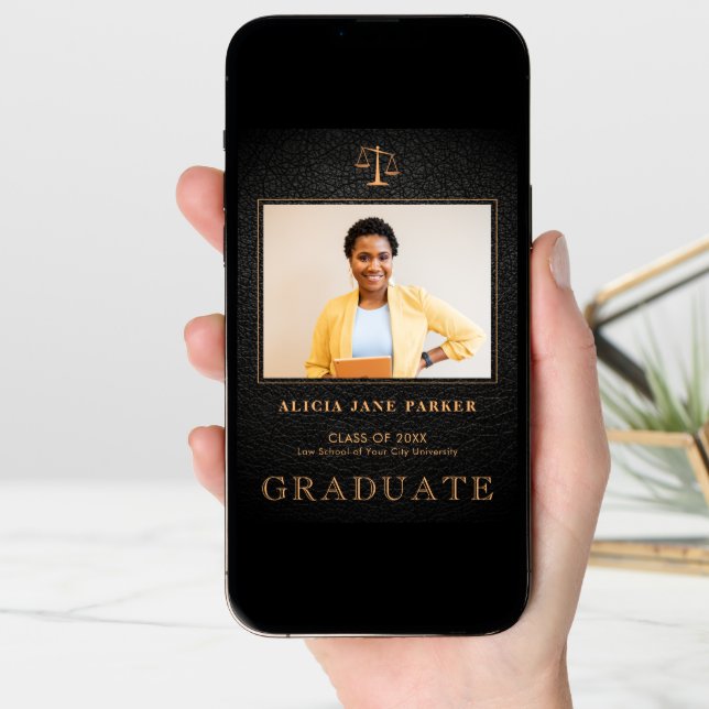 Law school graduation black gold photo announcement (Front Digital)