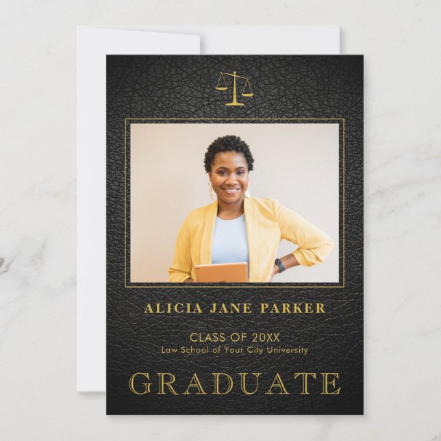 Law school graduation black gold photo announcement (Front)