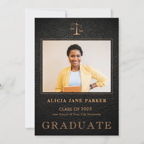 Law school graduation black gold photo  announcement