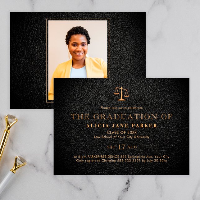 Law school graduation elegant black gold photo invitation (Creator Uploaded)