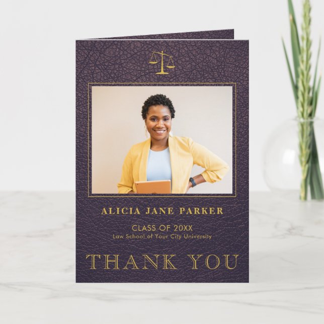 Law school graduation elegant photo thank you card (Front)