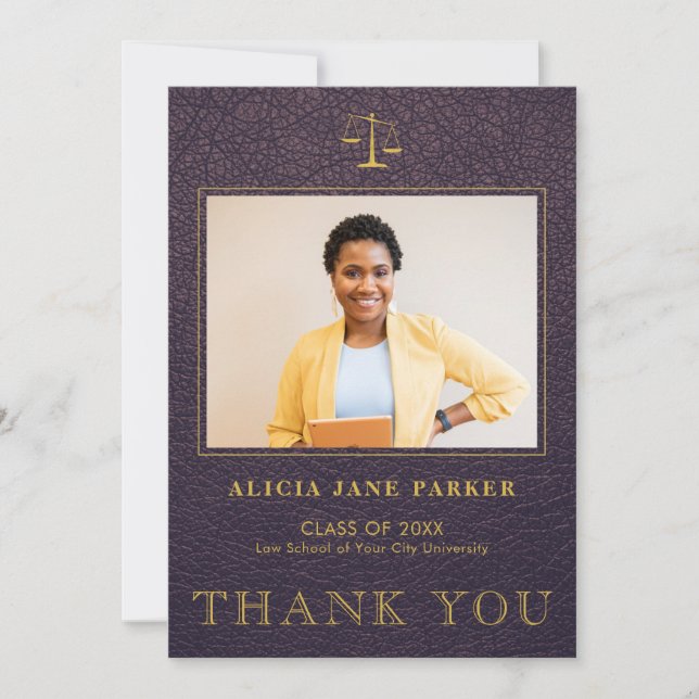Law school graduation elegant photo thank you card (Front)