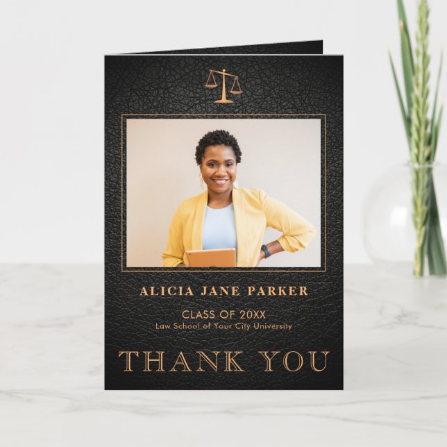 Law school graduation elegant photo thank you card (Front)