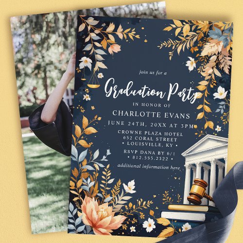 Other Occasions 18 Law School Graduation Gavel Floral Photo Invitation