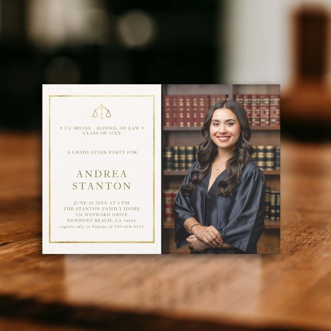 Law School Graduation Gold Frame Photo Modern Invitation (law school graduation party invitation photo gold frame scales of justice elegant modern classy ivor)