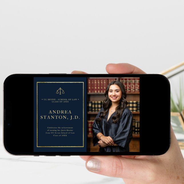 Law School Graduation Gold Frame Photo Modern Navy Announcement (Front Digital)