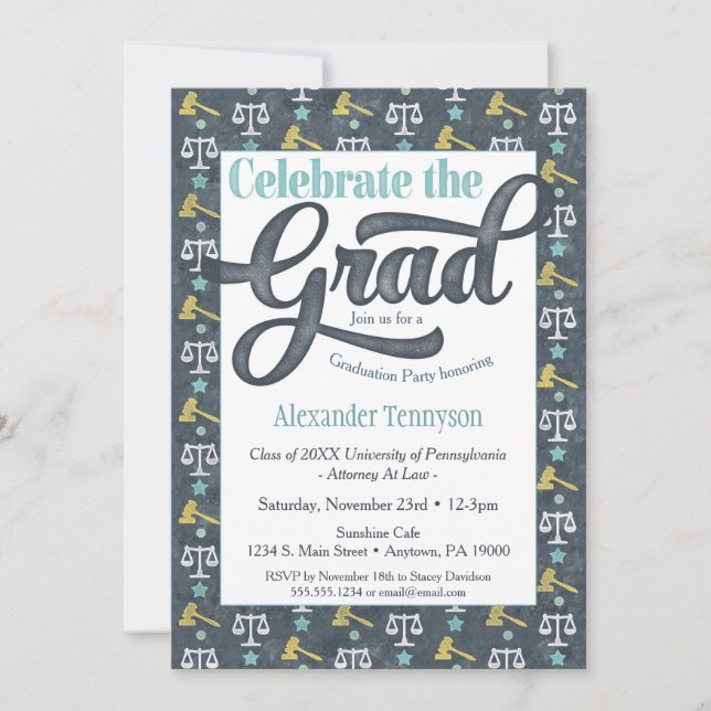 Law School Graduation Invitation Lawyer Gray Aqua (Front)