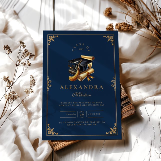Law School Graduation Modern Navy Blue Gold Invitation (Creator Uploaded)