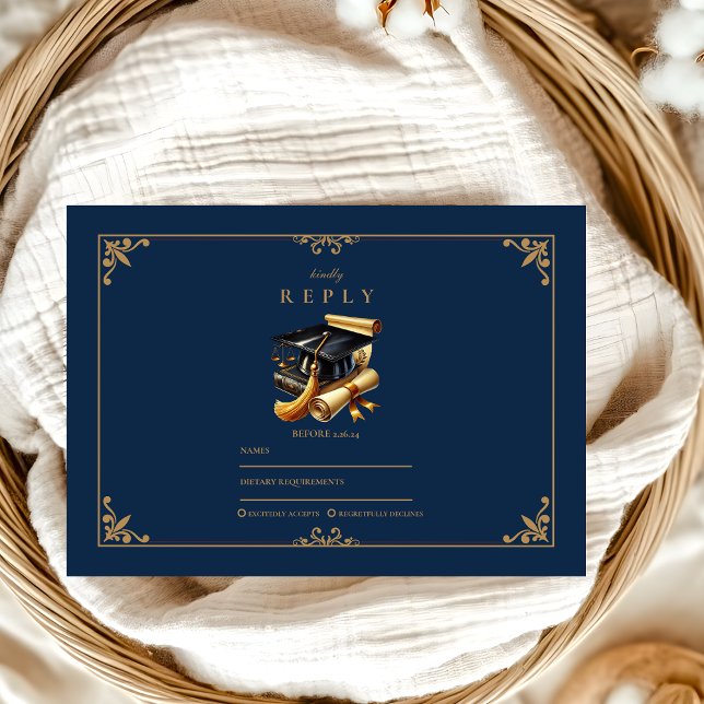 Law School Graduation Modern Navy Blue Gold RSVP Card (Creator Uploaded)