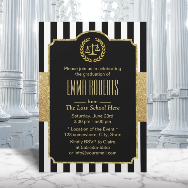 Law School Graduation Modern Stripes Gold Lawyer Invitation (Creator Uploaded)