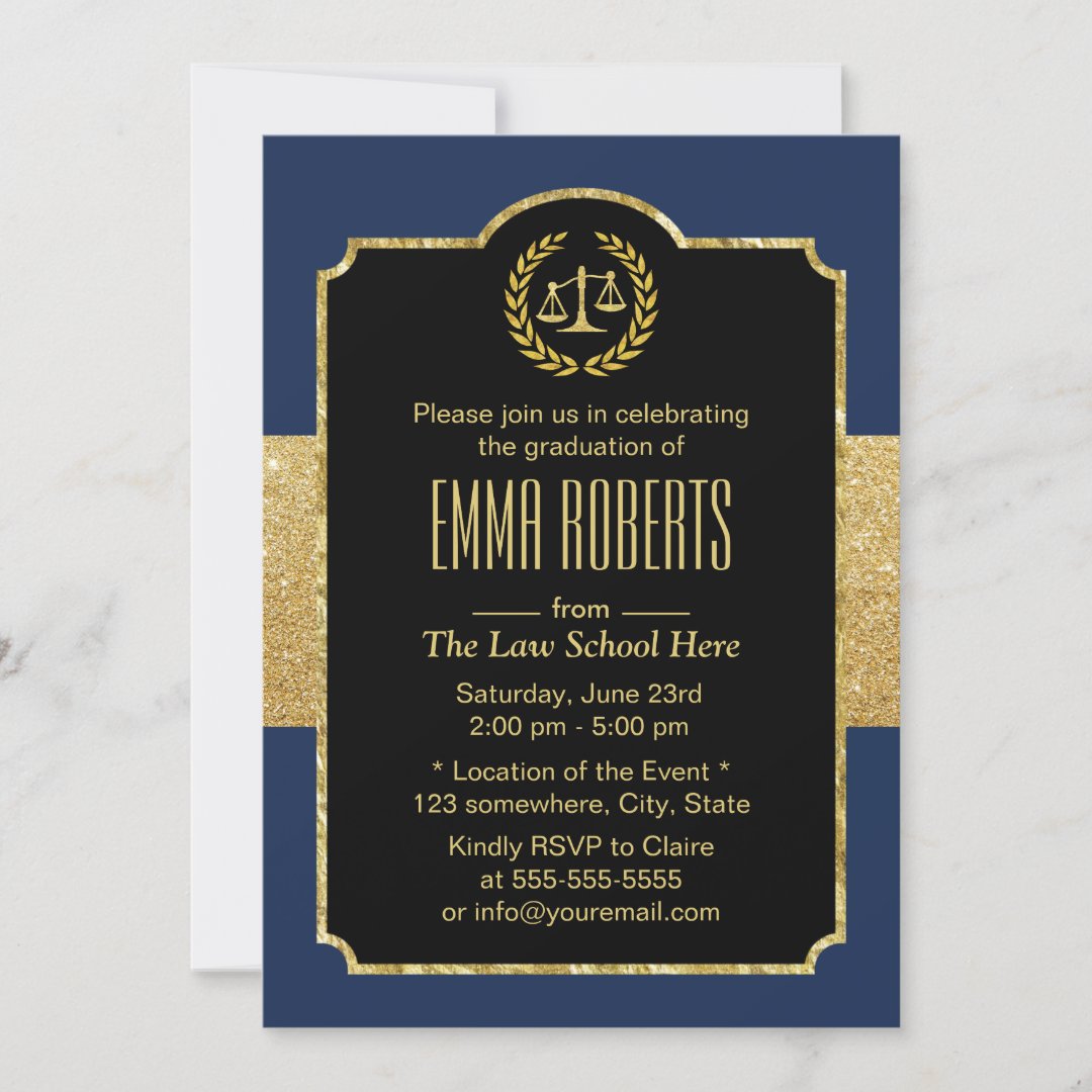 Law School Graduation Navy Blue & Gold Lawyer Invitation | Zazzle