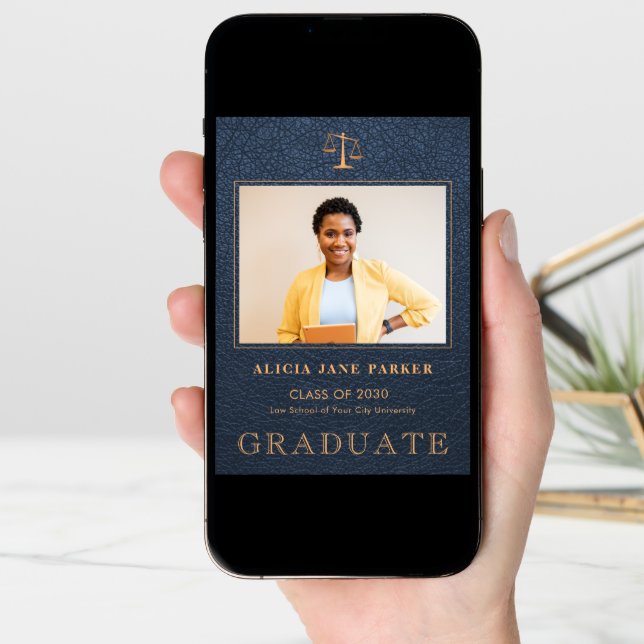 Law school graduation navy gold photo announcement (Front Digital)