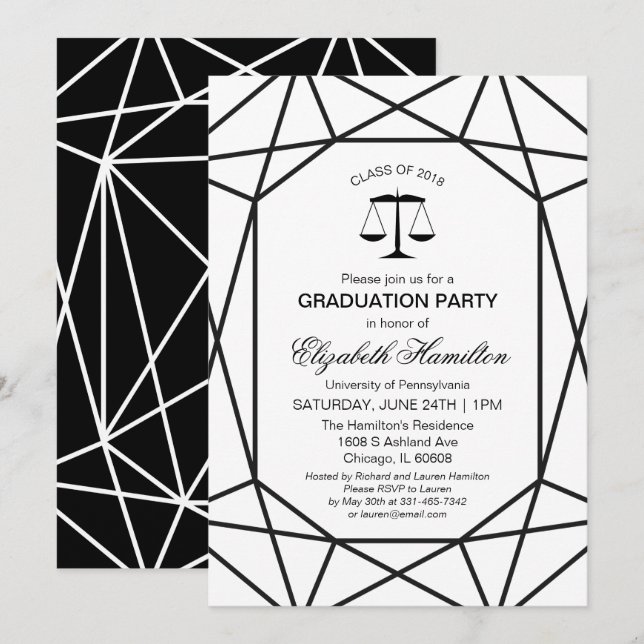 Law School Graduation Party Chic Black & White Invitation (Front/Back)