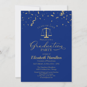 Law School Graduation Party Gold Confetti Blue Invitation