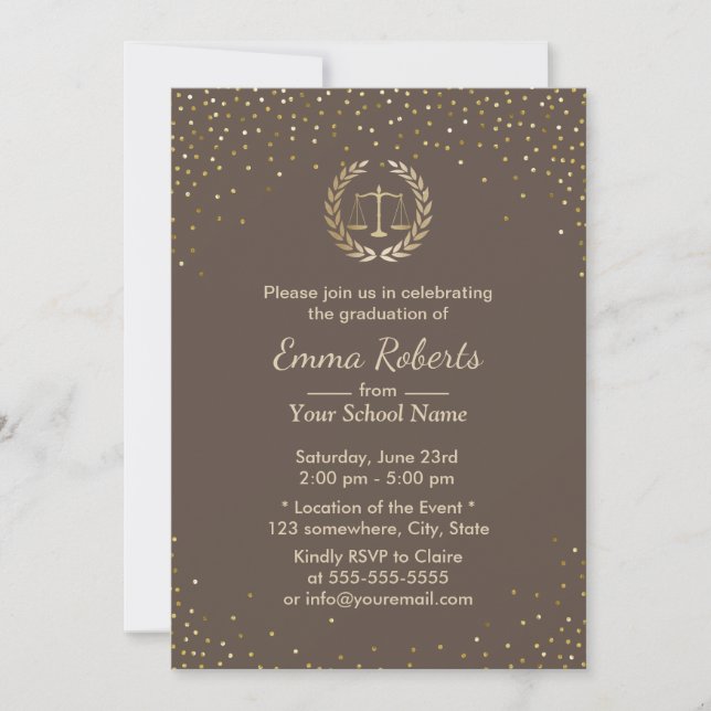 Law School Graduation Party Gold Confetti Modern Invitation (Front)