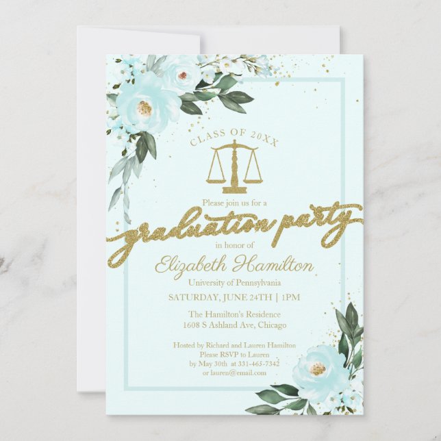 Law School Graduation Party Gold Teal Floral Invitation (Front)