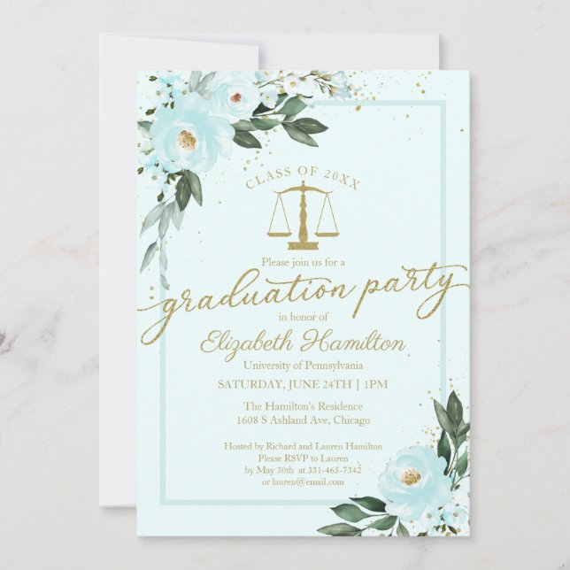 Law School Graduation Party Gold Teal Floral Invitation (Front)
