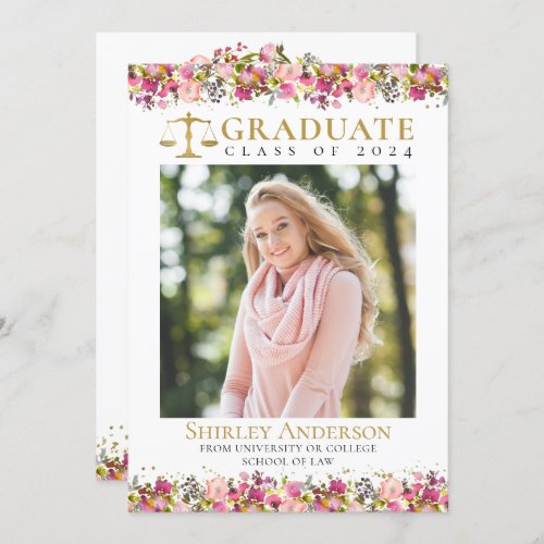 Law School Graduation Party Grad Photo Pink Floral Invitation