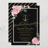 Law School Graduation Party Hot Pink Floral Black Invitation (Front/Back)