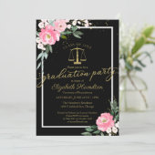 Law School Graduation Party Hot Pink Floral Black Invitation (Standing Front)