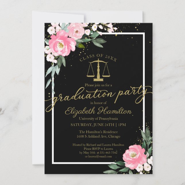 Law School Graduation Party Hot Pink Floral Black Invitation (Front)