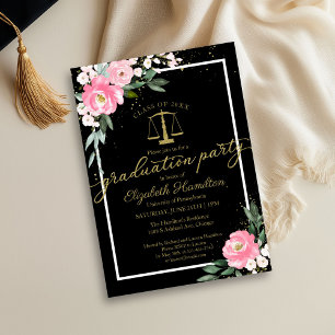 Law School Graduation Party Hot Pink Floral Black Invitation