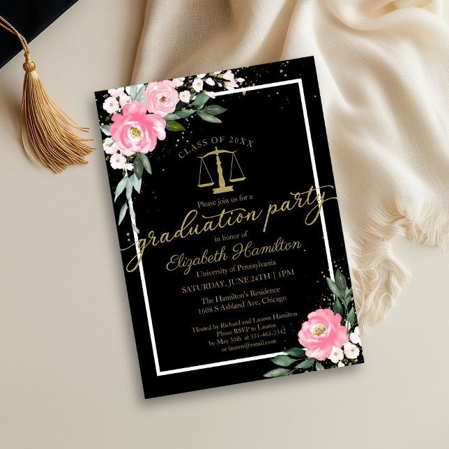Law School Graduation Party Hot Pink Floral Black Invitation (Creator Uploaded)
