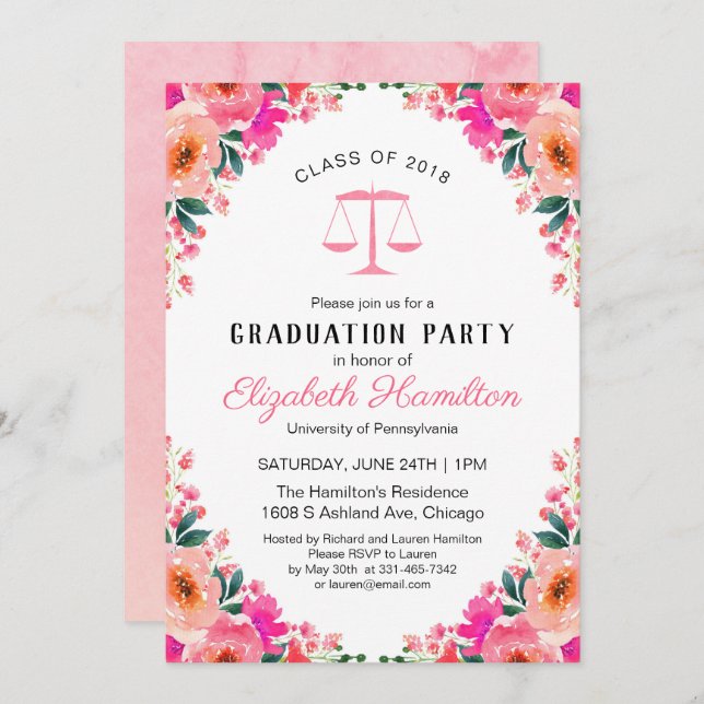 Law School Graduation Party Hot Pink Floral Invitation (Front/Back)