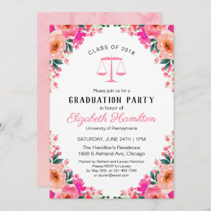 Law School Graduation Party Hot Pink Floral Invitation