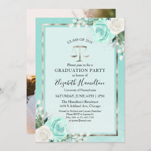 Law School Graduation Party Photo Teal Floral Invitation