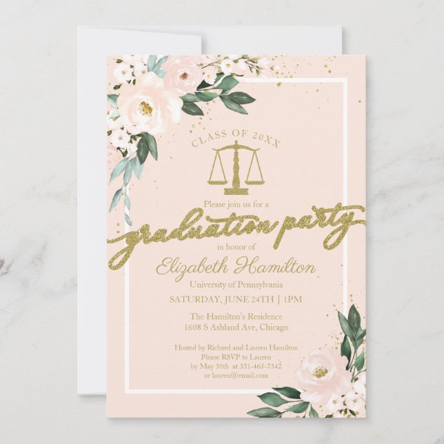 Law School Graduation Party Pink Blush Floral Invitation (Front)