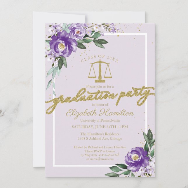Law School Graduation Party Purple Lavender Floral Invitation (Front)