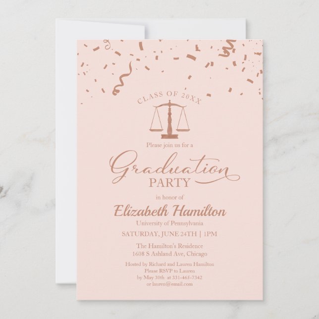 Law School Graduation Party Rose Gold Confetti Invitation (Front)