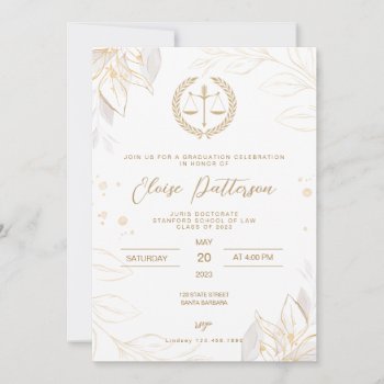 Law School Graduation Party- Simple Gold And White Invitation by Pixabelle at Zazzle