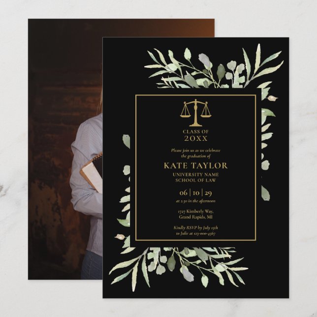 Law School Graduation Photo Black And Gold Foliage Invitation (Front/Back)