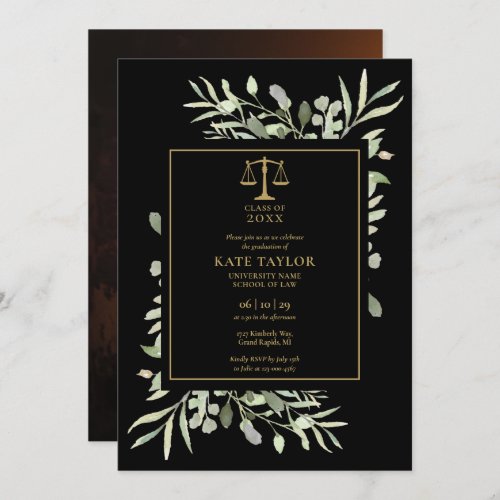 Law School Graduation Photo Black And Gold Foliage Invitation