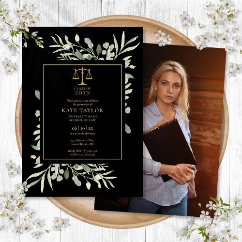 Law School Graduation Photo Black And Gold Foliage Invitation