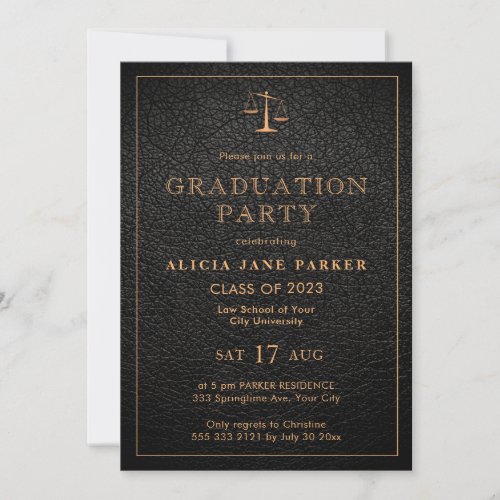 Law school graduation photo black gold elegant invitation